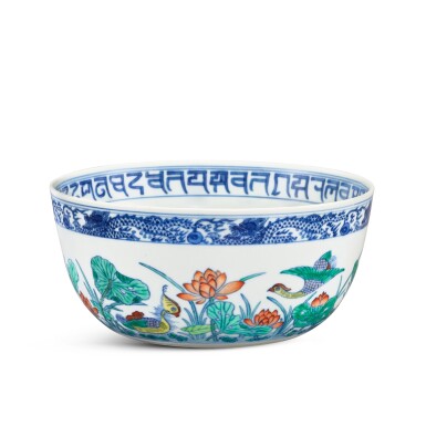 View full screen - View 1 of Lot 3651. A doucai 'mandarin duck and lotus pond' bowl Seal mark and period of Daoguang | 清道光 鬪彩荷塘鴛鴦紋臥足盌 《大清道光年製》款.