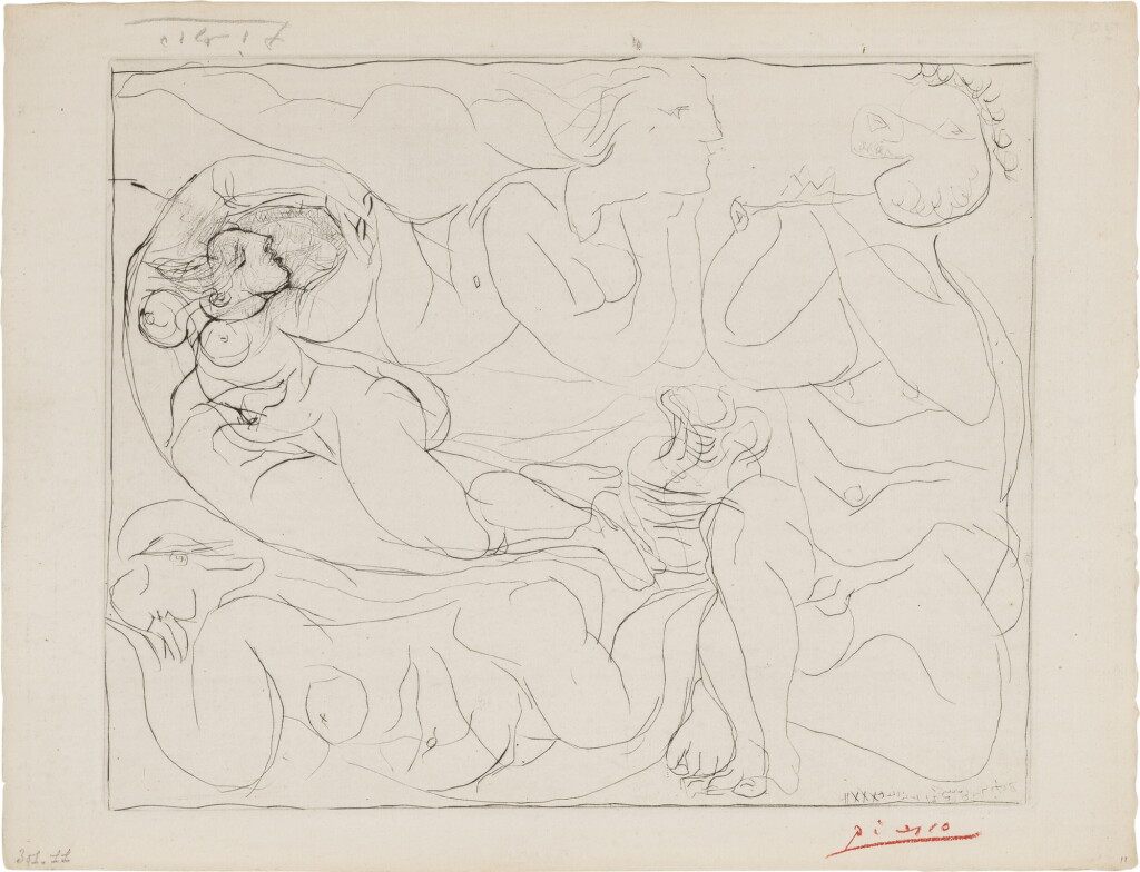 View full screen - View 1 of Lot 121. Flûtiste et trois femmes nues, from the Vollard suite (Bloch 144; Baer 258).