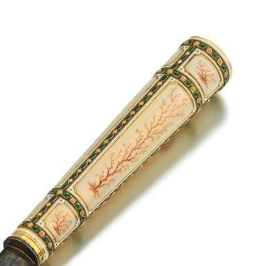 View full screen - View 1 of Lot 117. A Fabergé jewelled gold and guilloché enamel paper knife, workmaster Henrik Wigström, St Petersburg, 1908-1917.
