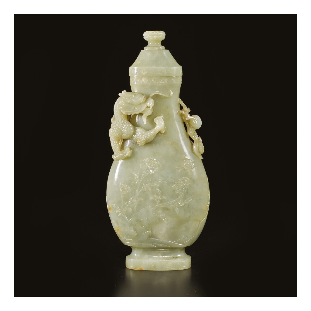 View full screen - View 1 of Lot 650. A CELADON JADE 'DRAGON' VASE AND COVER, QING DYNASTY, 18TH / EARLY 19TH CENTURY.