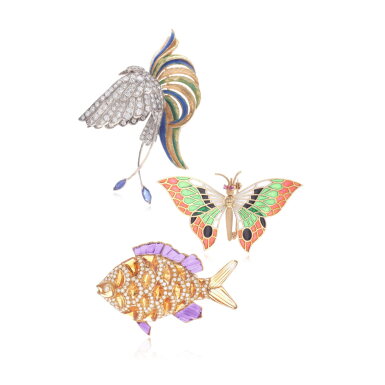 View full screen - View 1 of Lot 973. Collection of gem set, enamel and diamond brooches.