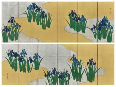 View full screen - View 1 of Lot 2163. Kamisaka Sekka (1866-1942), Irises, Taisho – Showa period, early 20th century | 神坂雪佳 燕子花図屏風 大正~昭和時代前期 20世紀前半.