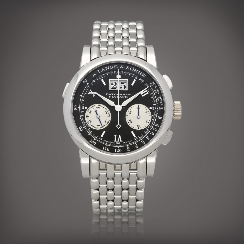 View full screen - View 1 of Lot 22. Datograph, Reference 403.035 A platinum flyback chronograph wristwatch with digital date display and bracelet Circa 2000 | 朗格 | Datograph 型號 403.035 鉑金飛返計時鍊帶腕錶備數字日期顯示,製作年份約 2000.