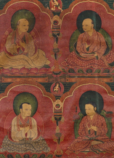View full screen - View 1 of Lot 106. An exceptional thangka depicting four Sakya lamas Tibet, 16th century | 西藏 十六世紀 四薩迦派喇嘛唐卡 設色布本.