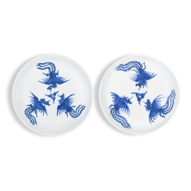 View full screen - View 1 of Lot 45. A rare pair of blue and white 'phoenix' dishes, Marks and period of Longqing.