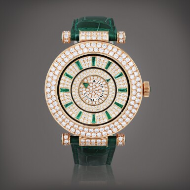 View full screen - View 1 of Lot 699. Double Mystery, reference DBL MYST D 2R CD 42 Montre bracelet en or rose sertie de diamants et d'émeraudes | Pink gold diamond and emerald-set wristwatch Vers 2010 | Circa 2010.
