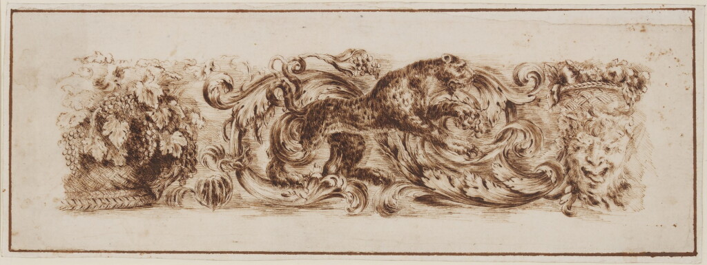 View full screen - View 1 of Lot 528. SCHOOL OF STEFANO DELLA BELLA | Design for a frieze with a leopard and a grotesque head.