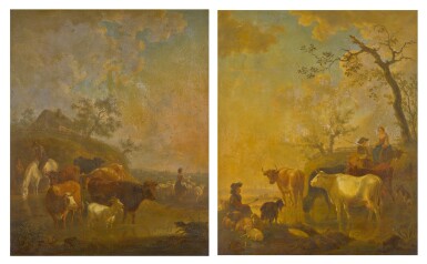 View full screen - View 1 of Lot 198. JEAN BAPTISTE DE ROY | A pair of pastoral landscapes with shepherds and cattle watering.