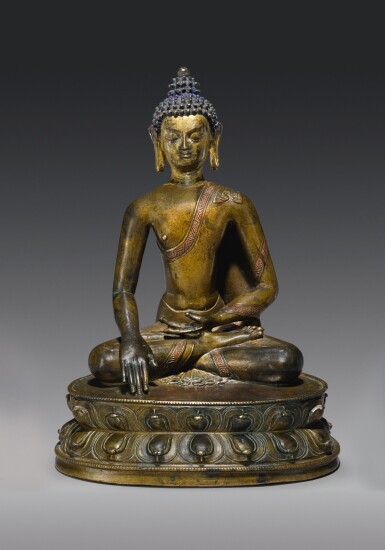 View full screen - View 1 of Lot 326. A COPPER ALLOY FIGURE OF BUDDHA SHAKYAMUNI WITH COPPER INLAY, TIBET, 14TH CENTURY.