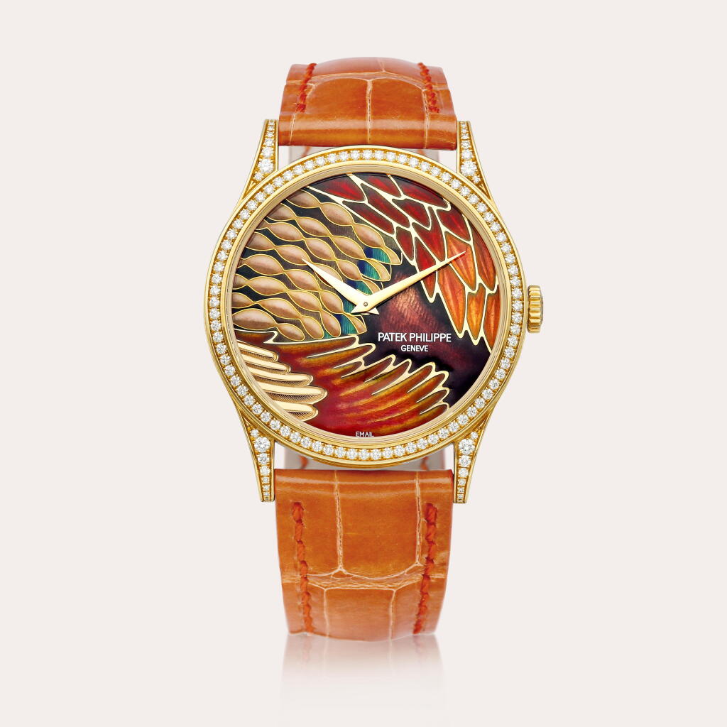 View full screen - View 1 of Lot 2266. "Plumes", Reference 5077 | A pink gold and diamond-set wristwatch with cloisonné enamel dial, Circa 2015.