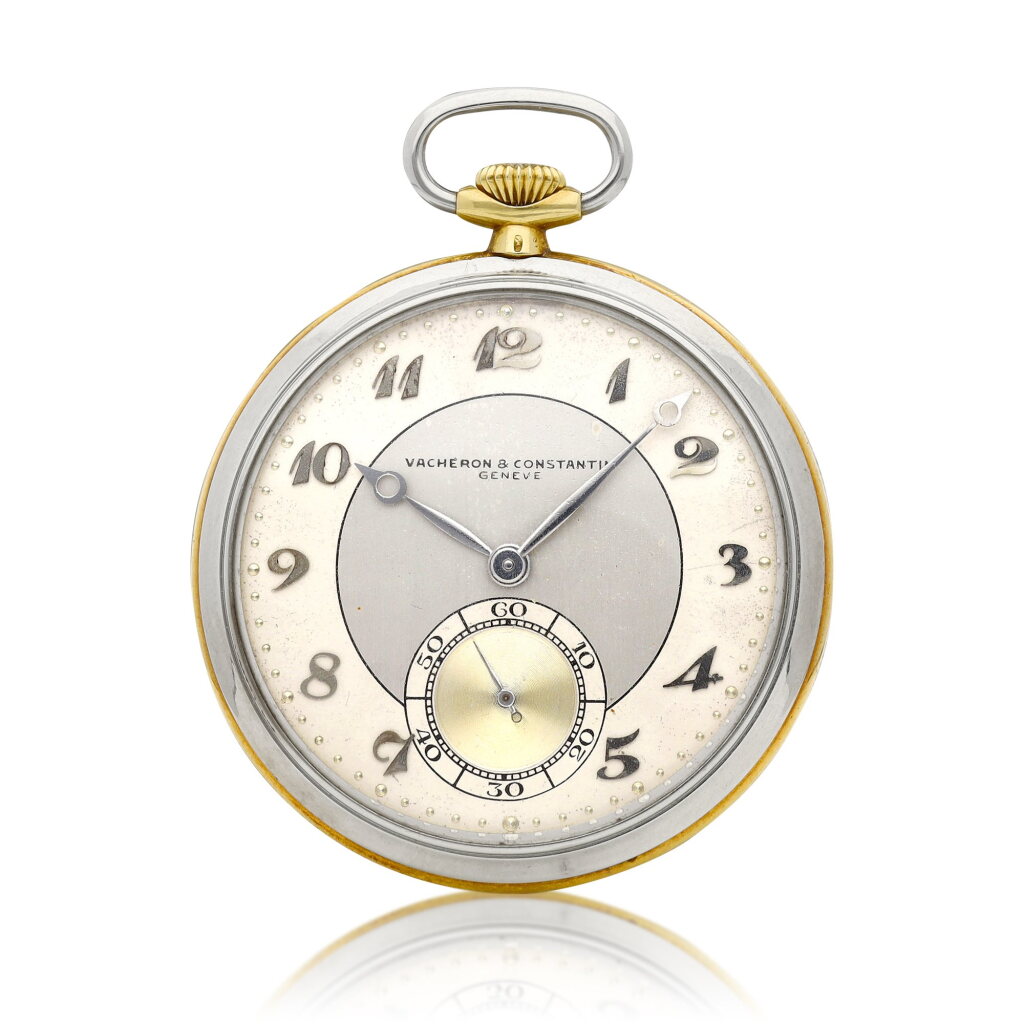 View full screen - View 1 of Lot 8284. A two tone gold openface keyless watch with two tone dial, Circa 1900 | 江詩丹頓 雙色金懷錶,備雙色錶盤,約1900年製.