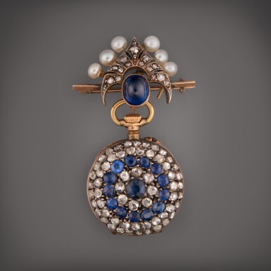 View full screen - View 1 of Lot 477. A yellow gold, pearl, diamond, and sapphire-set open faced miniature watch, Circa 1900.