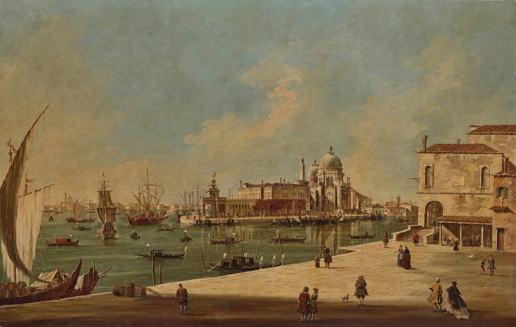 View full screen - View 1 of Lot 112. Venice, A View of the Grand Canal from the Molo, with the Punta Della Dogana and Santa Maria della Salute in the Distance.