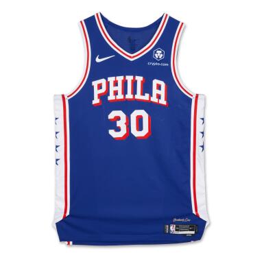 View full screen - View 1 of Lot 109. Adem Bona ‘Rookie Debut’ Philadelphia 76ers 2024-2025 Kia NBA Tip-Off Game Worn Icon Edition Jersey .