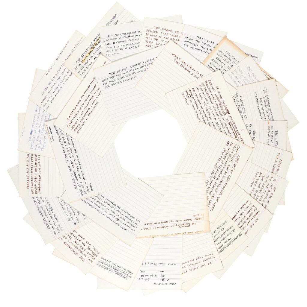 View full screen - View 1 of Lot 253. F.A. Hayek | Series of 28 index cards with autograph manuscript notes on economics and other subjects, 1970s-80s.