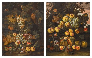 View full screen - View 1 of Lot 32. Still life with grapes, apples, peaches and plums in a wooded landscape; Still life with a melon, apples, grape, peaches, quinces and plums by a tree.