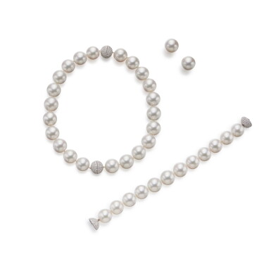 View full screen - View 1 of Lot 175. Cultured Pearl and Diamond Necklace-Bracelet Combination and Pair of Cultured Pearl Earrings.