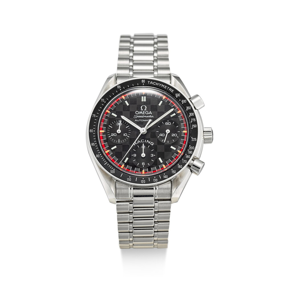 View full screen - View 1 of Lot 218. OMEGA | RACING SCHUMACHER WORLD CHAMPION 2000, REFERENCE 35185000 A LIMITED EDITION STAINLESS STEEL CHRONOGRAPH WRISTWATCH WITH BRACELET, CIRCA 2000.