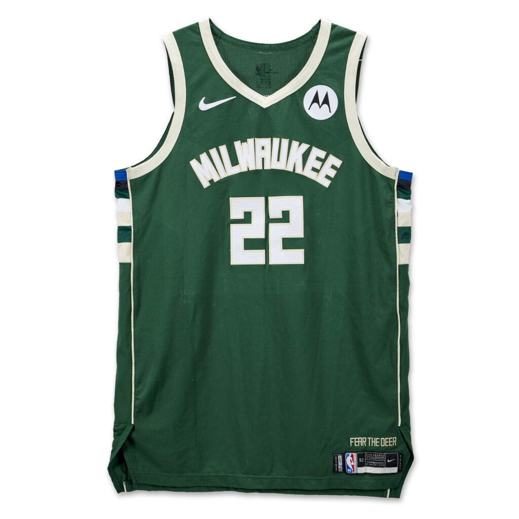 View full screen - View 1 of Lot 56. Khris Middleton Milwaukee Bucks 2023-2024 Kia NBA Tip-Off Game Worn Icon Edition Jersey .