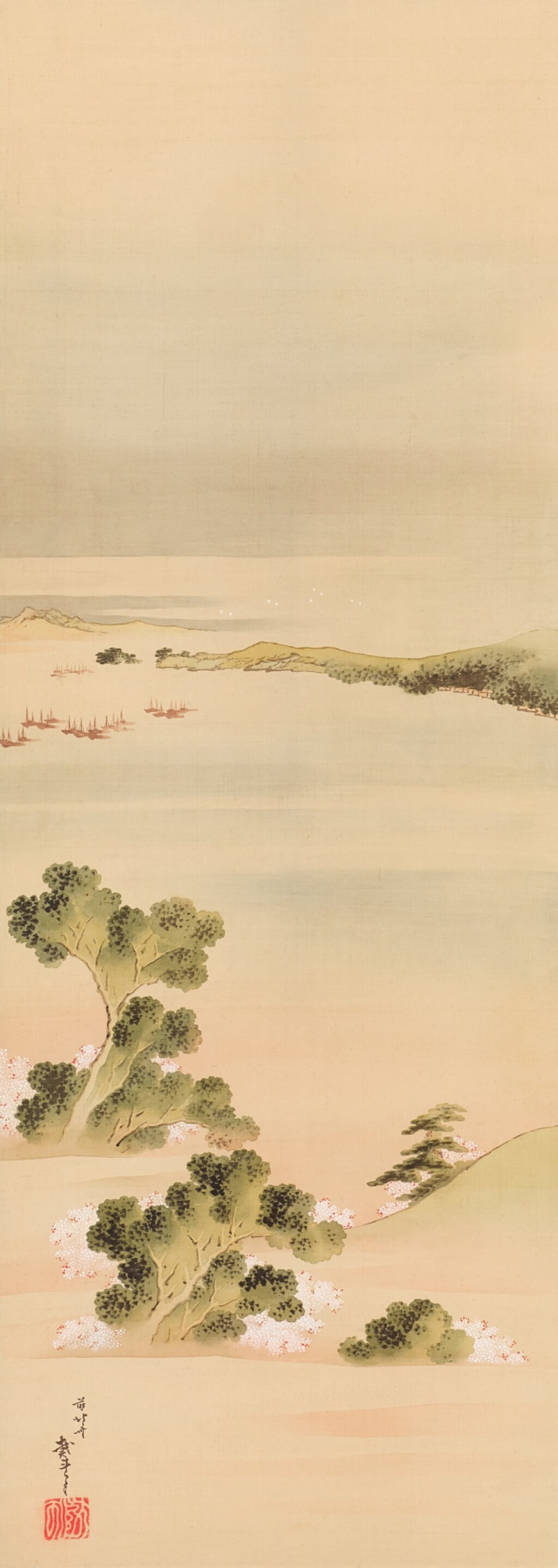 View full screen - View 1 of Lot 2044. Katsushika Hokusai (1760-1849), Cherry blossoms by the sea, Edo period, early 19th century | 葛飾北斎 桜花海浜図 江戸時代後期 19世紀初頭.
