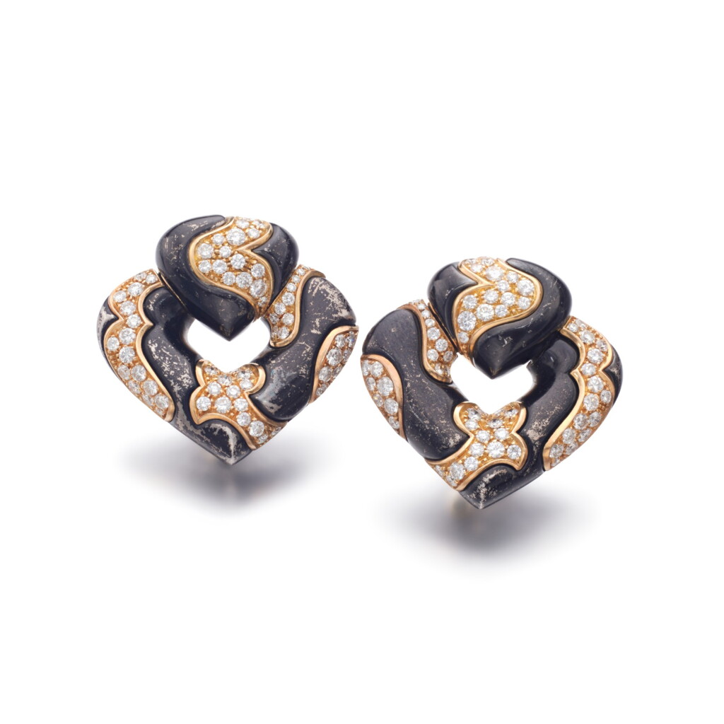 View full screen - View 1 of Lot 856. Pair of gold and diamond clip-brooches, 'FATTYPARD PAVÉ',.
