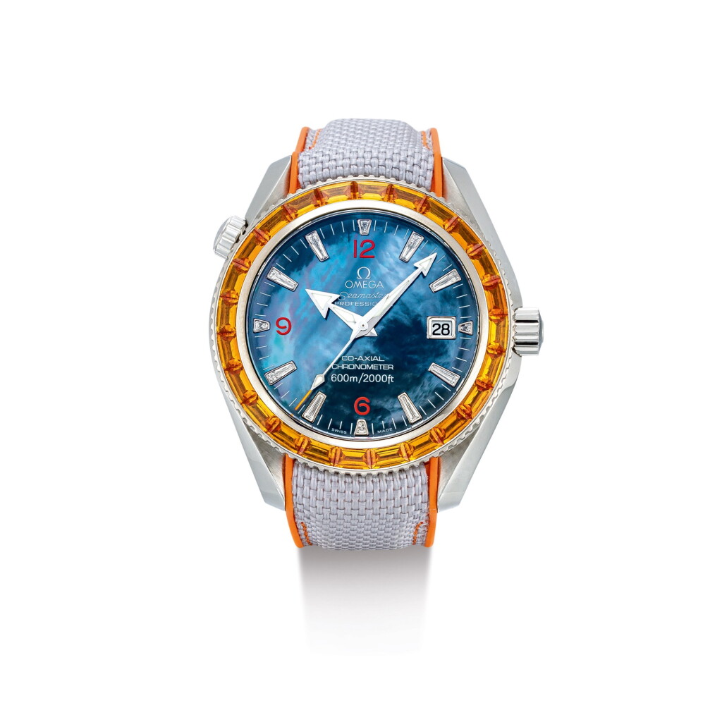View full screen - View 1 of Lot 2021. OMEGA | SEAMASTER PLANET OCEAN, REFERENCE 29125048, A STAINLESS STEEL, DIAMOND AND SAPPHIRE-SET WRISTWATCH WITH DATE AND MOTHER-OF-PEARL DIAL, CIRCA 2006 | 奧米茄 | "Seamaster Planet Ocean 型號29125048 精鋼鑲鑽石及寶石腕錶,備日期及珠母貝錶盤,錶殼編號81744069,約2006年製".