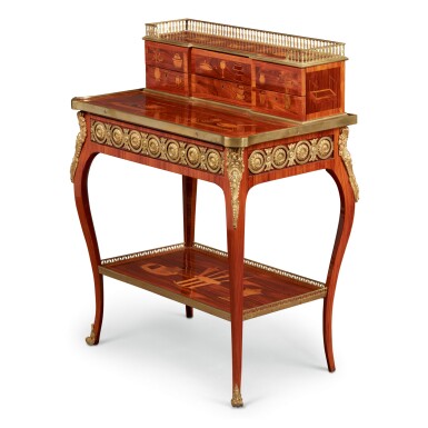 View full screen - View 1 of Lot 21. A LATE LOUIS XV GILT BRONZE-MOUNTED KINGWOOD, TULIPWOOD, AMARANTH AND MARQUETRY BONHEUR DU JOUR IN THE MANNER OF TOPINO, THIRD QUARTER 18TH CENTURY.