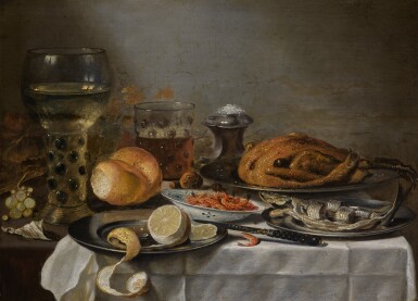 View full screen - View 1 of Lot 148. PIETER CLAESZ. | A roemer, tobacco, a chicken, a herring and a partially peeled lemon on a pewter plate, with shrimp in a porcelain bowl, and other fruit, on a partially draped table.