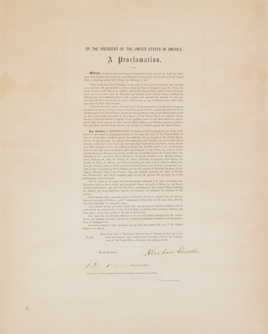 View full screen - View 1 of Lot 26. Lincoln, Abraham | The "Authorized Edition" of the Emancipation Proclamation, signed by President Abraham Lincoln.