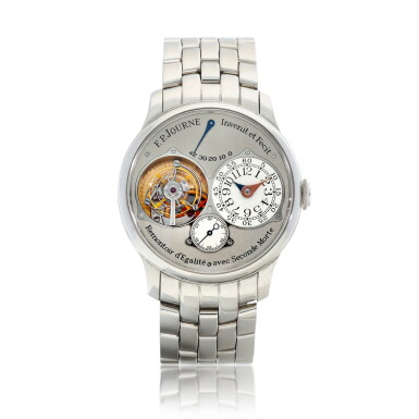 View full screen - View 1 of Lot 8201. Tourbillon Souverain | A platinum tourbillon wristwatch with constant force remontoire, dead beat seconds, power reserve indication and bracelet, Circa 2006 | Tourbillon Souverain | 鉑金陀飛輪鏈帶腕錶,備恆定動力裝置、跳秒及動力儲備顯示,約2006年製.