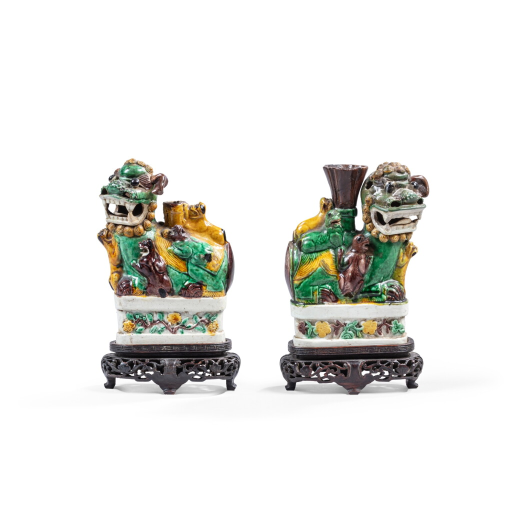 View full screen - View 1 of Lot 723. Two sancai-glazed 'lion' incense holders, Qing dynasty, Kangxi period.