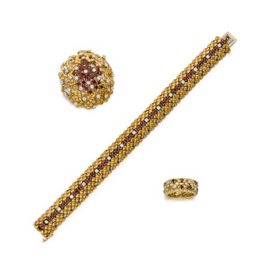 View full screen - View 1 of Lot 22. Ruby and Diamond Brooch and Bracelet, with accompanying Ring .