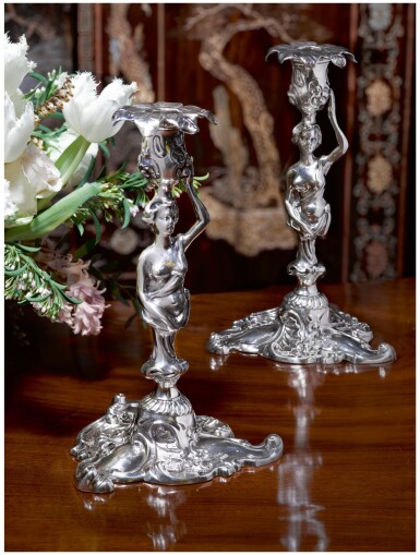 View full screen - View 1 of Lot 48. A PAIR OF GEORGE II SILVER FIGURAL CANDLESTICKS, PHILLIPS GARDEN, LONDON, 1752.