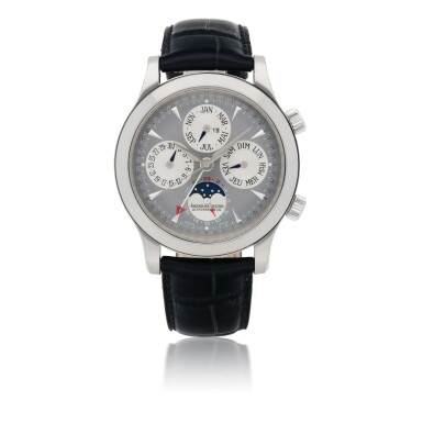 View full screen - View 1 of Lot 407. JAEGER-LECOULTRE | GRANDE MEMOVOX, REF 146.3.95 WHITE GOLD PERPETUAL CALENDAR WRISTWATCH WITH ALARM AND 24 HOUR INDICATION CIRCA 2001.