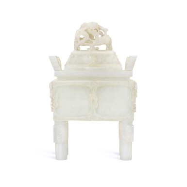 View full screen - View 1 of Lot 3632. A rare white jade vessel and cover, fangding, Seal mark and period of Qianlong | 清乾隆 白玉盤龍紐繩紋方鼎 《乾隆年製》款.