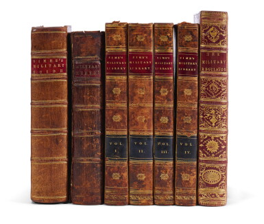 View full screen - View 1 of Lot 418. Simes, The regulator, 1780; The portable military library, 4 vol., 1782; Military medley, 1768; Military guide, n.d..
