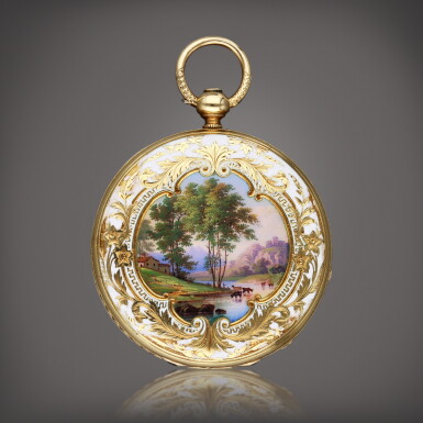 View full screen - View 1 of Lot 55. A yellow gold and enamel hunting case watch, Made in 1856.