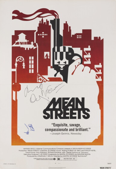 View full screen - View 1 of Lot 44. MEAN STREETS (1973) POSTER, US, SIGNED BY MARTIN SCORSESE; ROBERT DE NIRO AND HARVEY KEITEL.