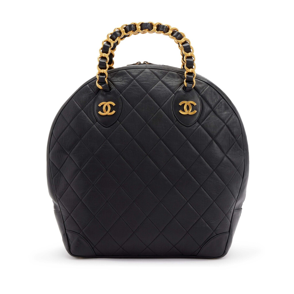 View full screen - View 1 of Lot 33. Black Quilted Lambskin Woven Chain Handle Bowler Bag Gold Hardware, 1992.