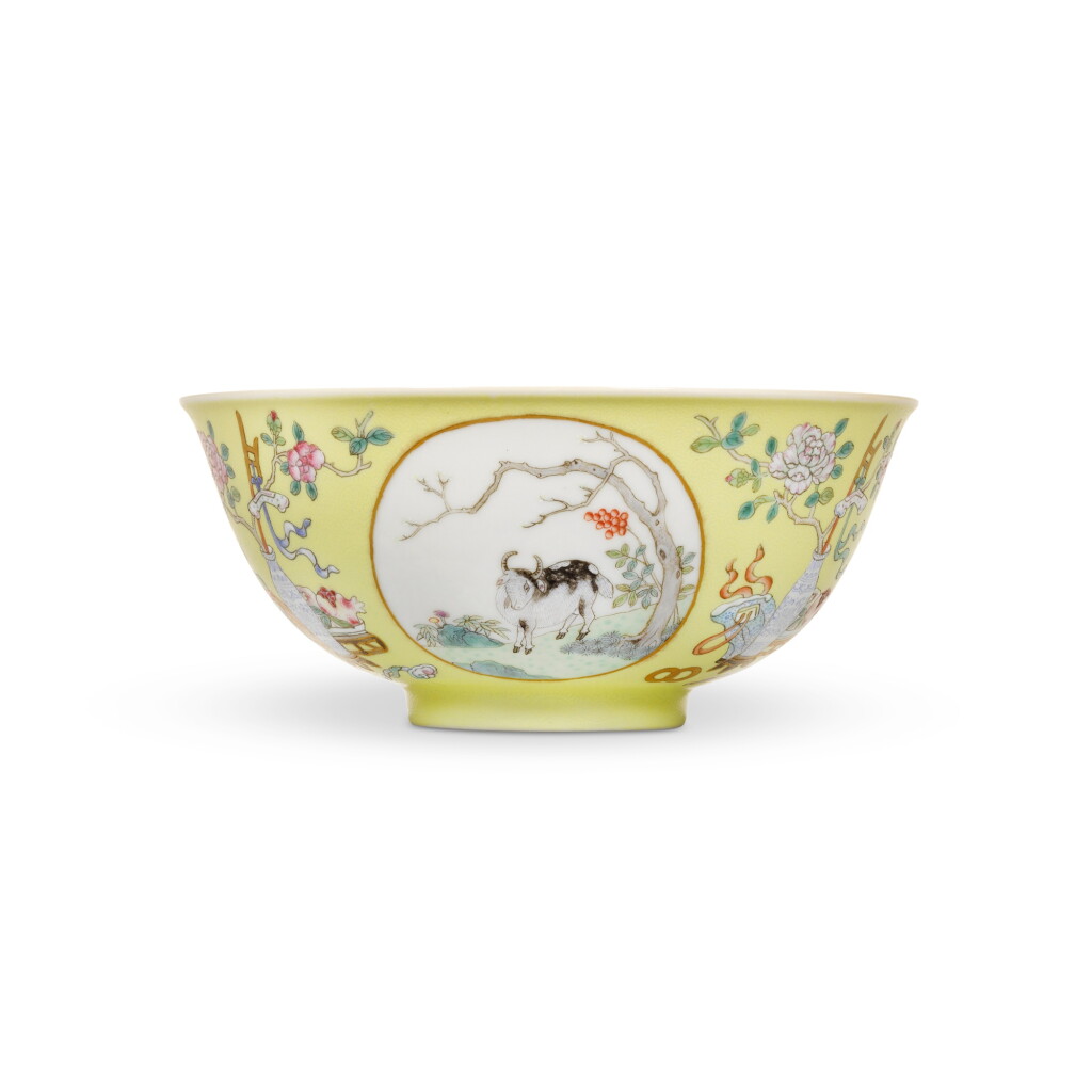 View full screen - View 1 of Lot 29. A fine yellow-ground famille-rose sgraffiato 'medallion' bowl, Seal mark and period of Daoguang | 清道光 粉彩黃地錦上添花粉彩開光三羊開泰圖盌 《大清道光年製》款.