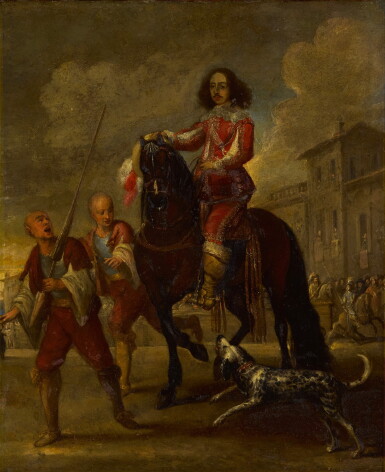 View full screen - View 1 of Lot 184. An equestrian portrait of a gentleman in a town square.