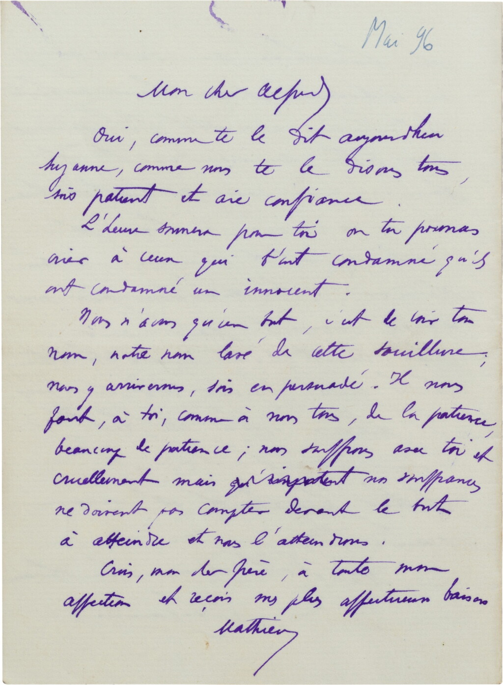 View full screen - View 1 of Lot 30. Lettre autographe signée de Suzanne et Mathieu Dreyfus à Alfred Dreyfus, prisonnier à l'île du Diable. 25 mai 1896 (4 pages)..