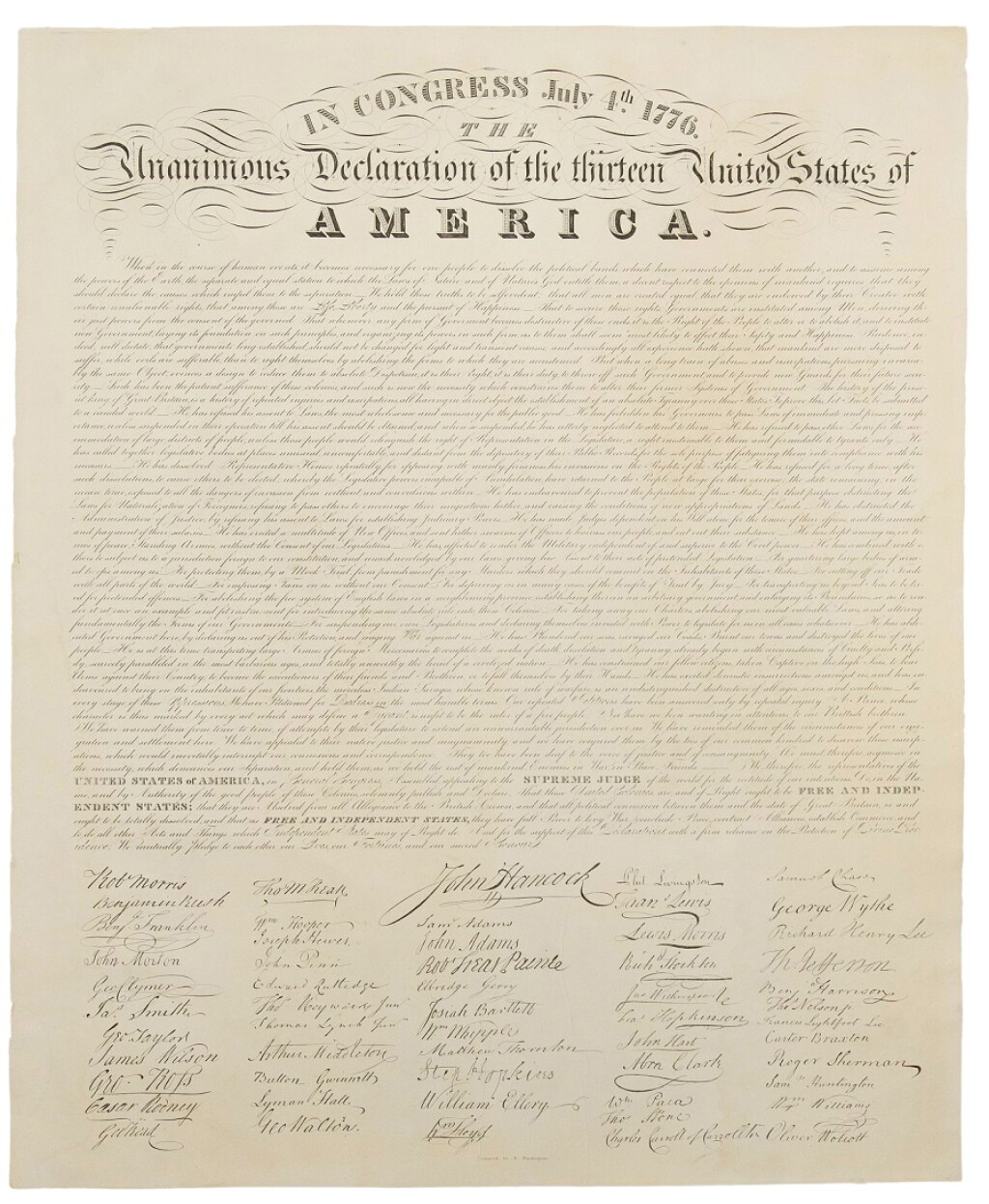 View full screen - View 1 of Lot 1040. Declaration of Independence — Eleazer Huntington (engraver) | Among the rarest broadside printings of the Declaration in the early 19th century.