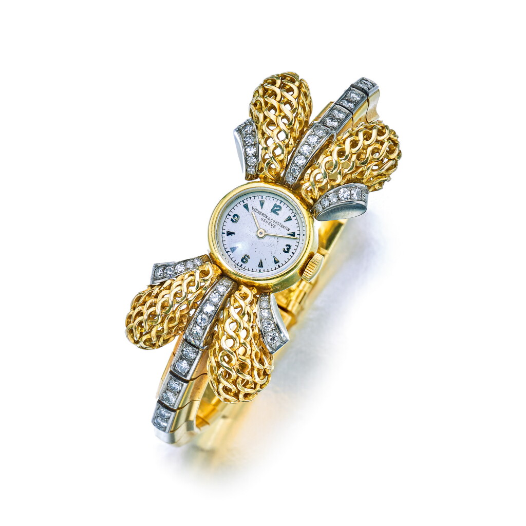 View full screen - View 1 of Lot 837. VACHERON CONSTANTIN | A YELLOW GOLD AND DIAMOND SET BOW FORM BRACELET WATCH CIRCA 1955 | 江詩丹頓 | 黃金鑲鑽石蝴蝶結造型鍊帶腕錶,年份約1955.