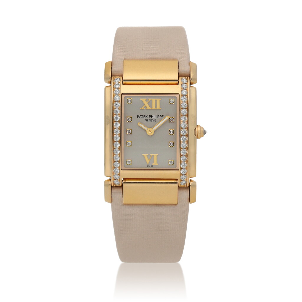 View full screen - View 1 of Lot 19. Retailed by the Geneva Salon: Twenty~4, Ref. 4920R Pink gold and diamond-set wristwatch with two additional satin straps Circa 2014.