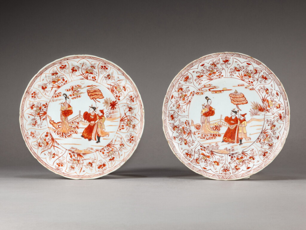 View full screen - View 1 of Lot 190. Two iron-red and gilt-decorated 'ladies' dishes, Qing dynasty, Kangxi period | 清康熙 礬紅彩描金仕女圖盤 一組两件.