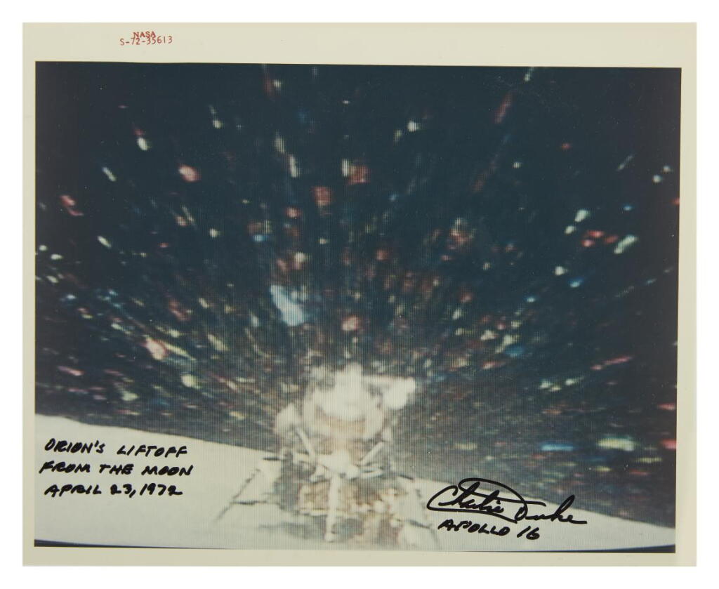 View full screen - View 1 of Lot 105. Apollo 16, Orion’s liftoff, insc. By Duke.
