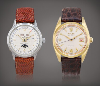 View full screen - View 1 of Lot 522. Lot de deux montres bracelet | Set of two wristwatches Rolex / Breitling Oysterdate, reference 6494 / Datora 94-28 Montre bracelet en acier plaqué or jaune avec date / Montre bracelet en acier avec quantième et phases de lune | Gold plated wristwatches with date / Stainless steel wristwatch with calendar and moon phases Vers 1957 / 1950 | Circa 1957 / 1950.