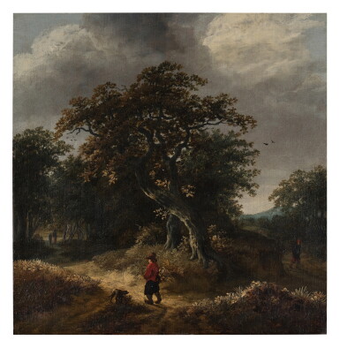 View full screen - View 1 of Lot 466. Wooded landscape with a boy and his dog.