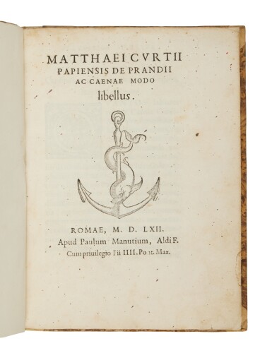 View full screen - View 1 of Lot 390. Corti, De prandii ac caenae modo libellus, Rome, Paolo Manuzio, 1562, later half vellum.